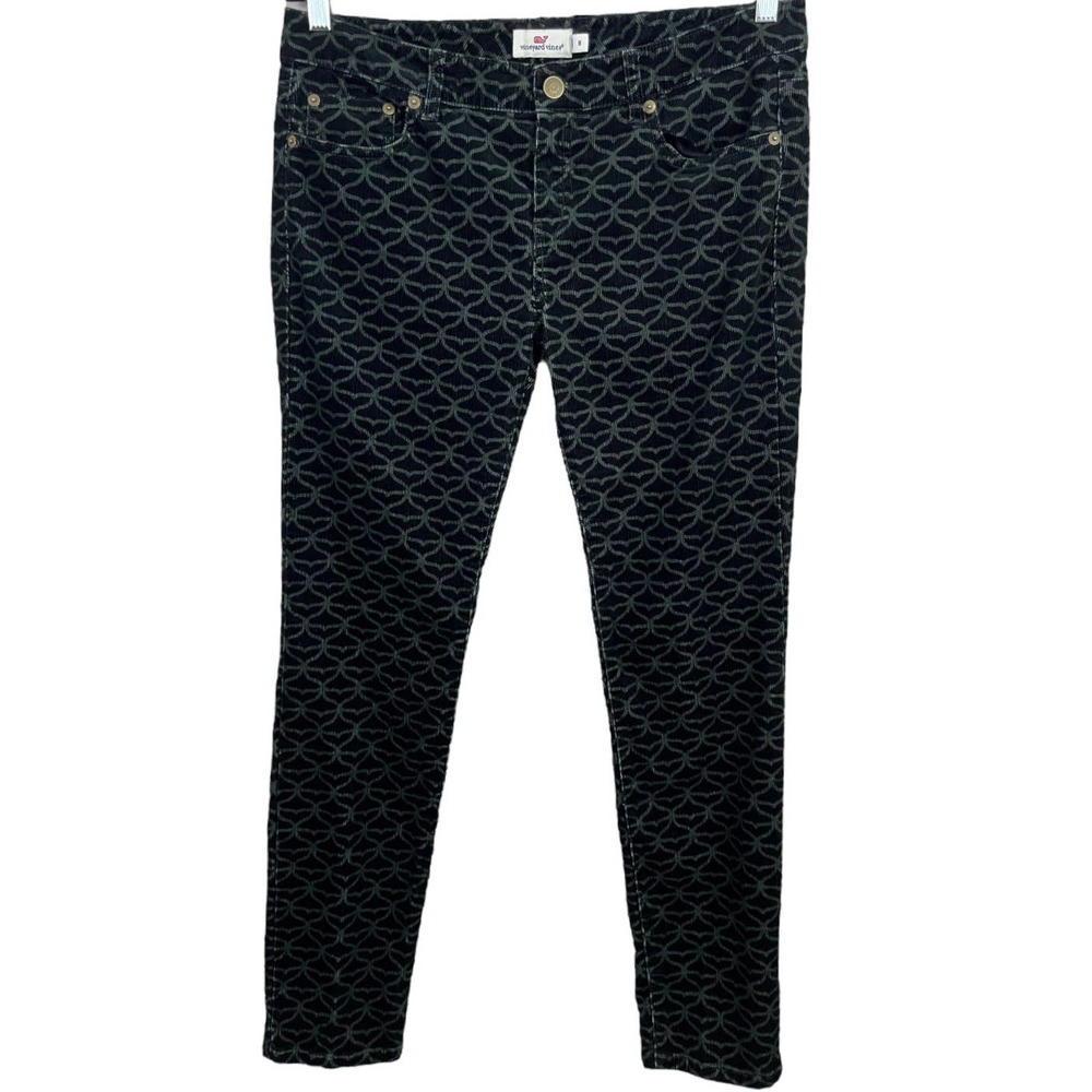Vineyard Vines Womens Stretch Whale Print Mid Rise Skinny Fit Pants Black Size 8